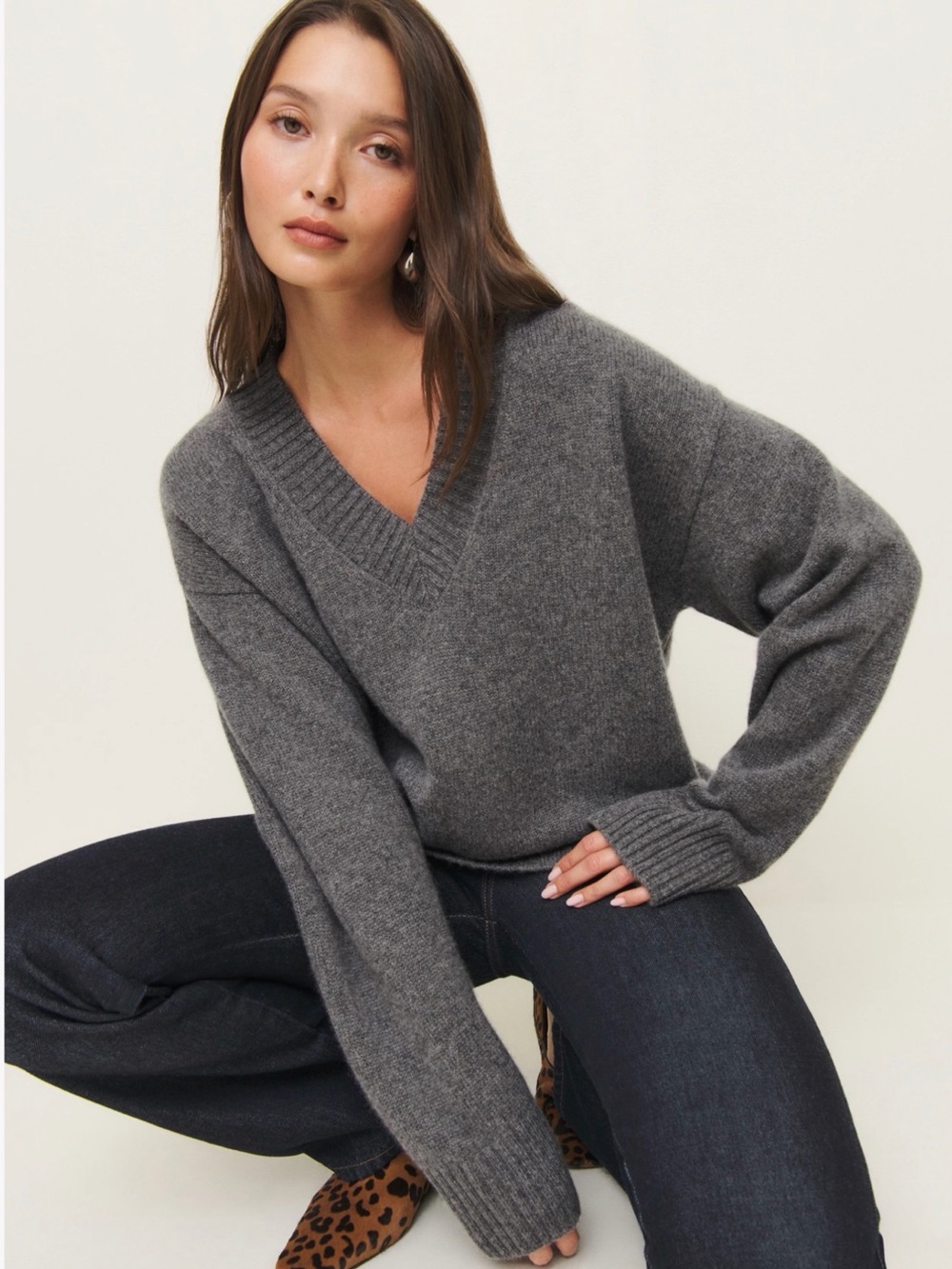 Reformation Cashmere Grey V-Neck Sweater